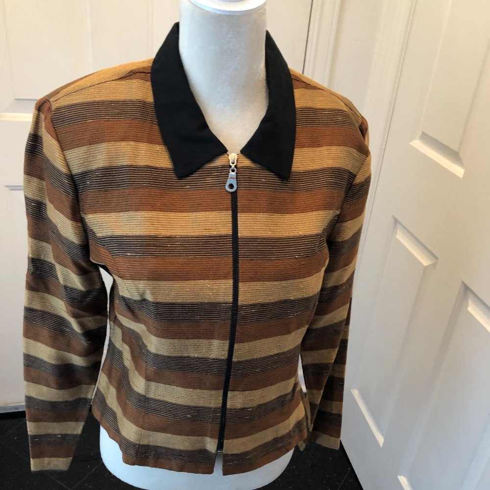 Vintage 90s Nina Piccalino Striped Zip Jacket Size 10 Earth Tone Cropped Blazer